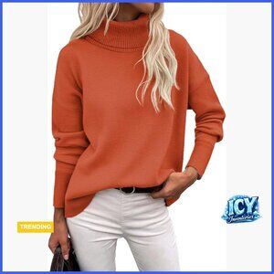 Turtleneck Chunky Knitted Pullover Sweater High Low Hem Oversized Top